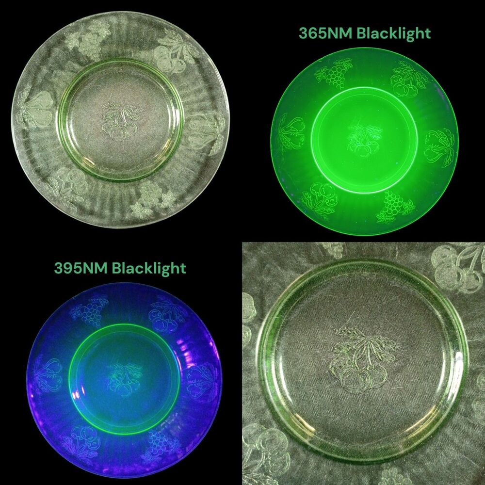 Vintage Uranium Glass Fruit Embossed Luncheon Plate Depression Glass Pattern 8"